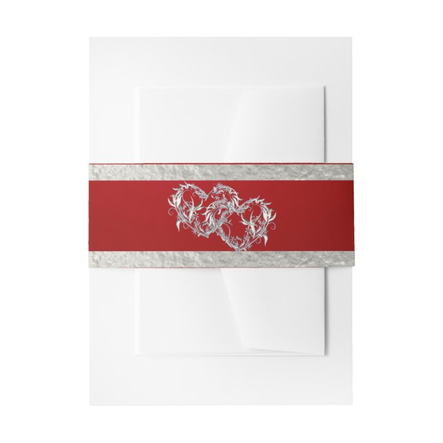 Hearts & Ribbon - Crimson/Silver Invitation Belly Band (Front Example)