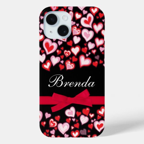 Hearts ribbon red pink and black name iPhone 15 case