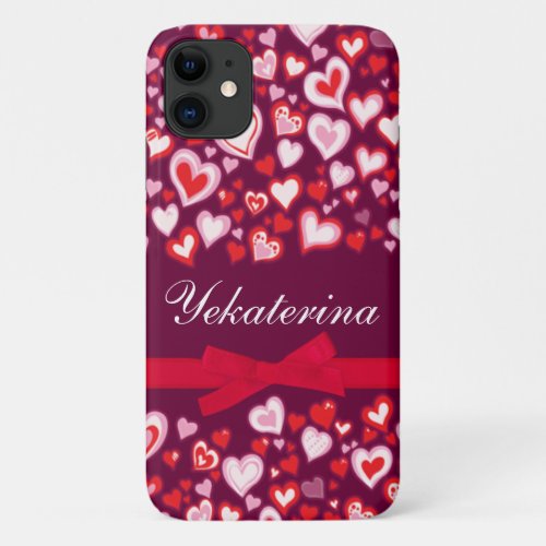 Hearts ribbon red pink  mauve name iPhone 11 case