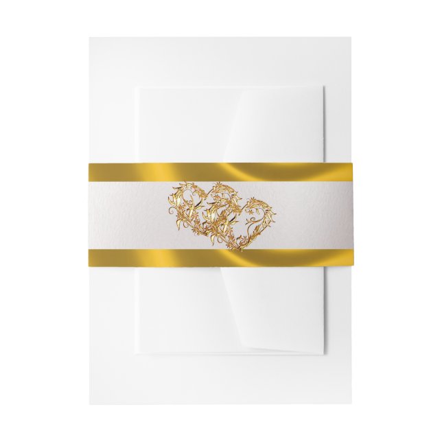 Hearts & Ribbon - White/Gold Invitation Belly Band (Front Example)