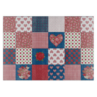 Hearts, Roses Faux Patchwork Glass Cutting Board