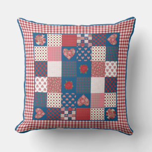 Hearts, Roses Red, White, Blue Faux-Patchwork Throw Pillow