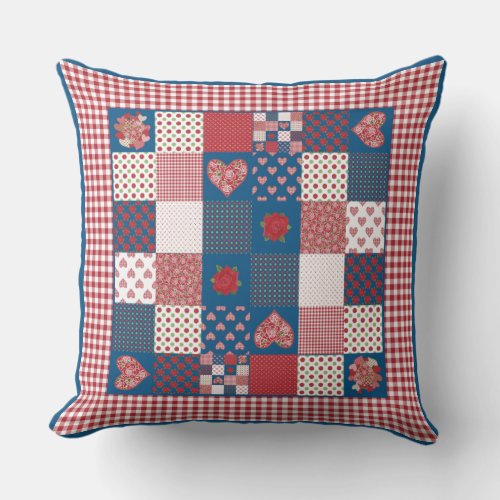 Hearts Roses Red White Blue Faux_Patchwork Throw Pillow