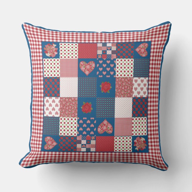 Hearts, Roses Red, White, Blue Faux-Patchwork Throw Pillow (Front)