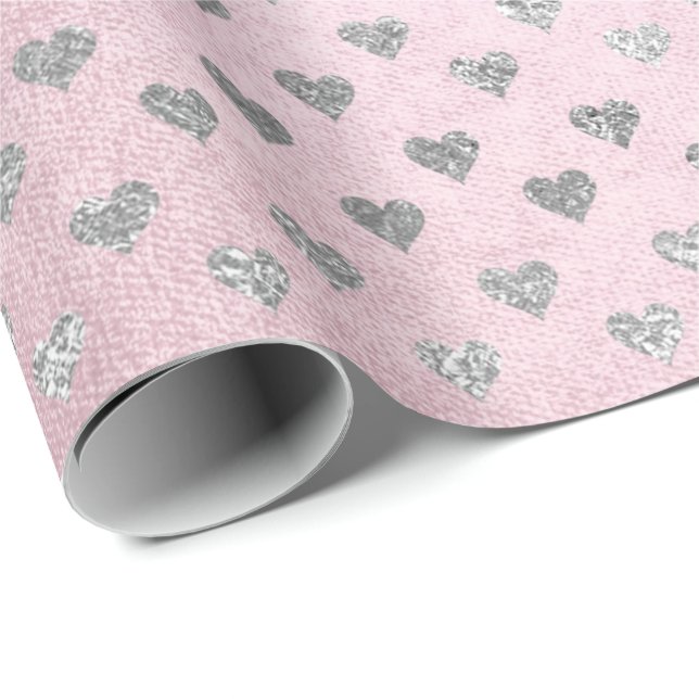 Hearts Silver Glam Pink Rose Pastel Shiny Wrapping Paper (Roll Corner)