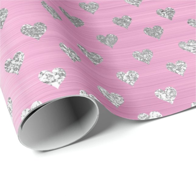Hearts Silver Gray Metallic Pink  Rose Blush Wrapping Paper (Roll Corner)