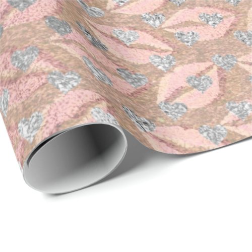 Hearts Silver Pink Rose Peach Powder Golden Kiss Wrapping Paper