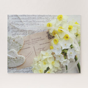 Hearts, spring flowers on old postcard jigsaw puzzle