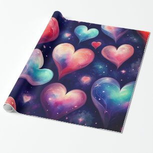 Hearts Stars Valentine Galaxy Wrapping Paper