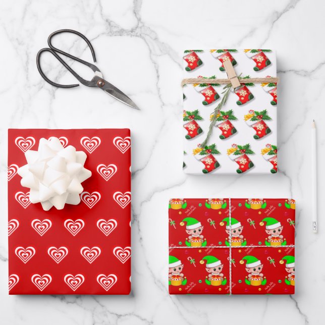 Hearts, Stockings and Christmas Elf on Red Wrapping Paper Sheets (Front)
