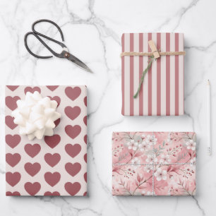 Hearts, Stripes, Sakura Pink Burgundy Wrapping Paper Sheets