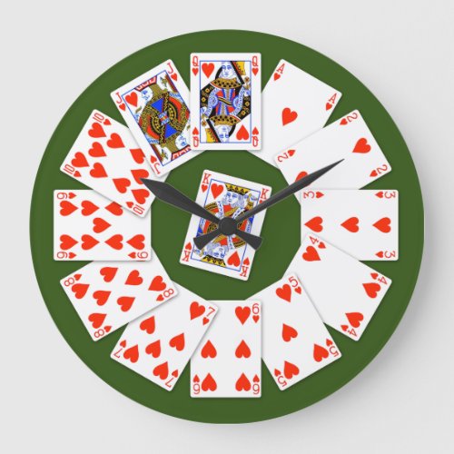 Hearts Suit Playing Cards On Green Background Large Clock
