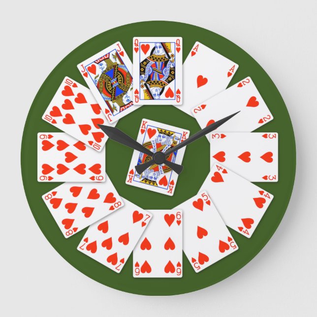 Hearts Suit Playing Cards On Green Background Large Clock (Front)