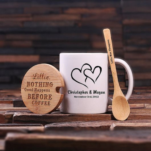 Hearts Tea Set: Bamboo Lid, Teaspoon & Ceramic Cup (Front)