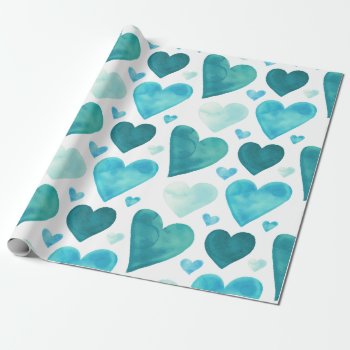 Hearts - Teal Watercolor Hearts Wrapping Paper by steelmoment at Zazzle