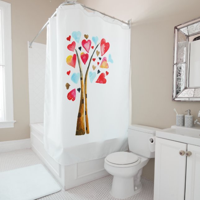 Hearts tree whimsical valemtines shower curtain (In Situ)