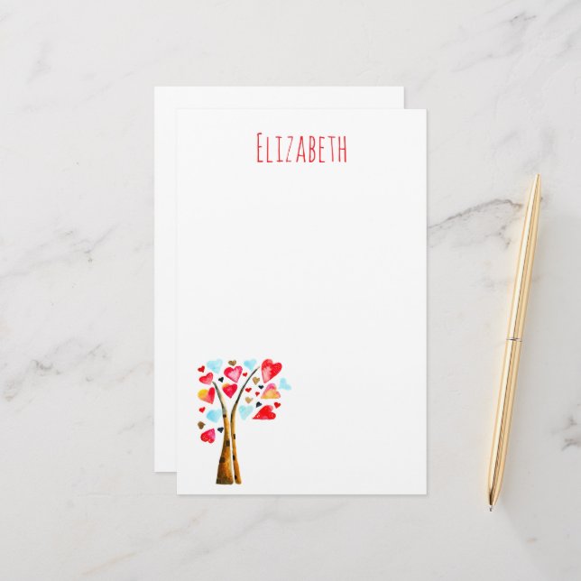 Hearts tree whimsical valemtines stationery (Front/Back In Situ)