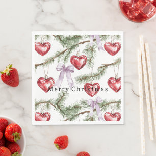 Hearts Trees Red Purple Bows Christmas Napkins
