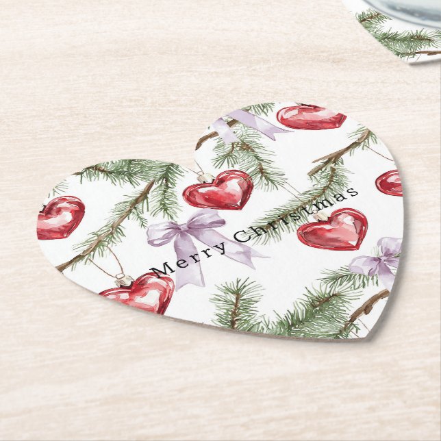 Hearts Trees Red Purple Bows Christmas Paper Coaster (Angled)