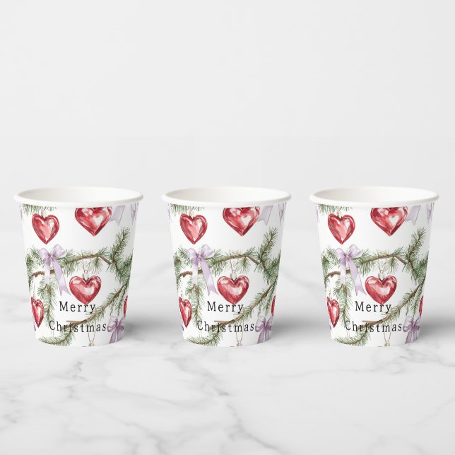Hearts Trees Red Purple Bows Christmas Paper Cups (Multi)