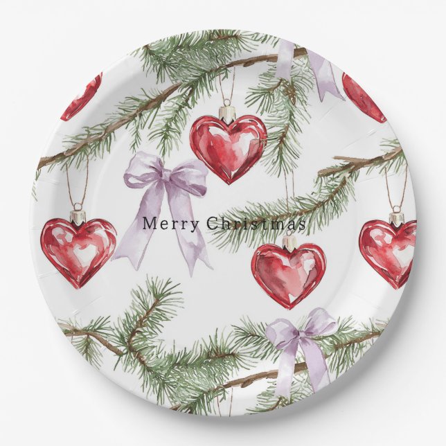 Hearts Trees Red Purple Bows Christmas Paper Plates (Front)