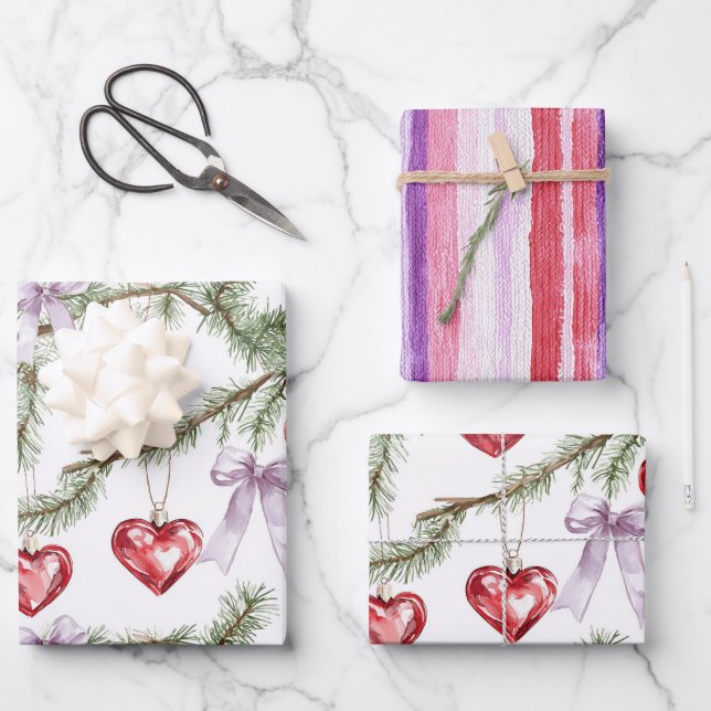 Hearts Trees Red Purple Bows Stripes Christmas Wrapping Paper Sheets (Front)