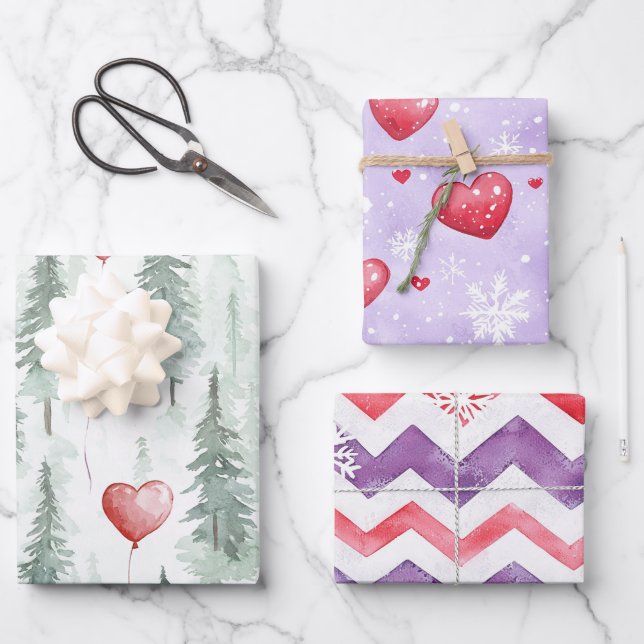 Hearts Trees Snowflakes Red Purple Christmas Wrapping Paper Sheets (Front)