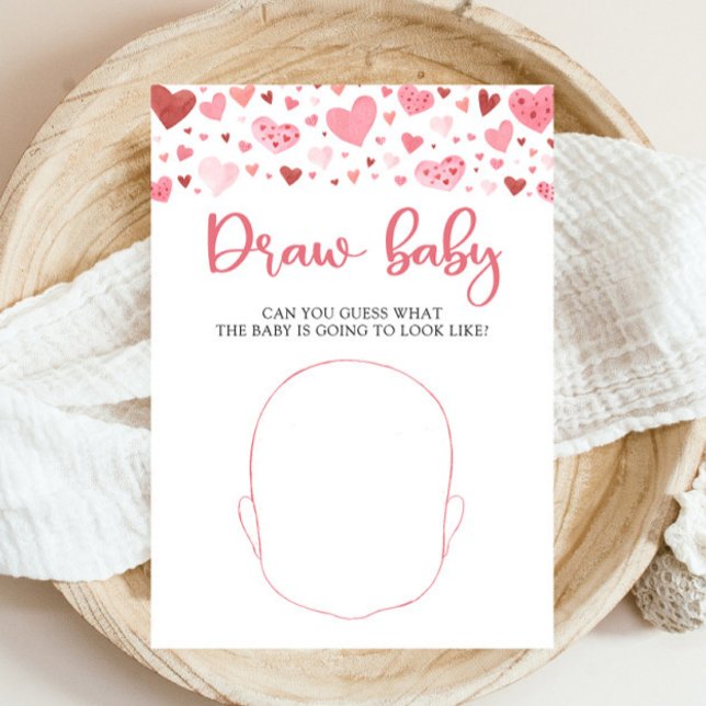 Hearts Valentine Baby Shower Draw the Baby Game Invitation (Watercolor Cute Pink Red Hearts Valentine A Little Sweetheart Girl Draw the Baby Baby Shower Game)