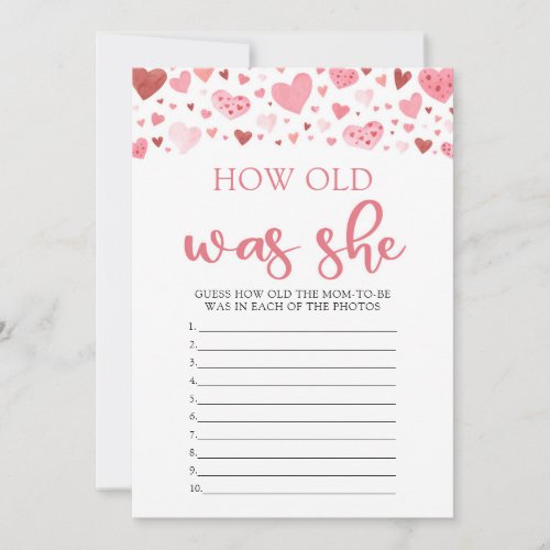 Hearts Valentine How Old Was She Baby Shower Game Invitation