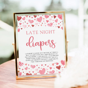 Hearts Valentine Late Night Diapers Baby Shower Poster