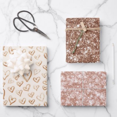 Hearts Valentine Love Cream Brown Pink Glitter Wrapping Paper Sheets
