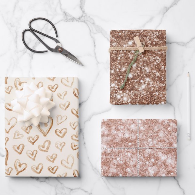 Hearts Valentine Love Cream Brown Pink Glitter Wrapping Paper Sheets (Front)