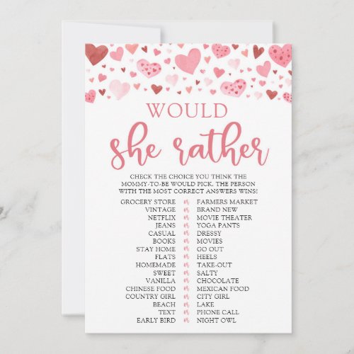 Hearts Valentine Would She Rather Baby Shower Game Invitation