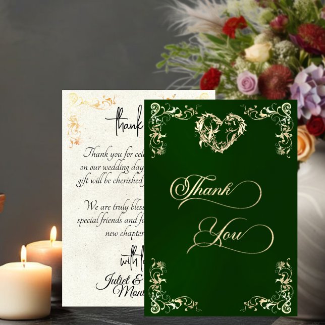 Hearts & Vintage Border - Emerald Thank You Card (Creator Uploaded)