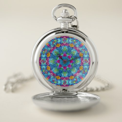 Hearts Vintage Violet  Blue Fractal Kaleidoscope Pocket Watch