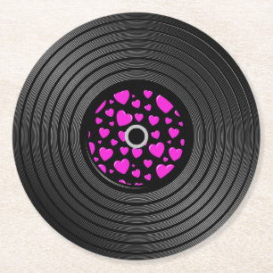 Hearts Vinyl Record Round Paper Coaster