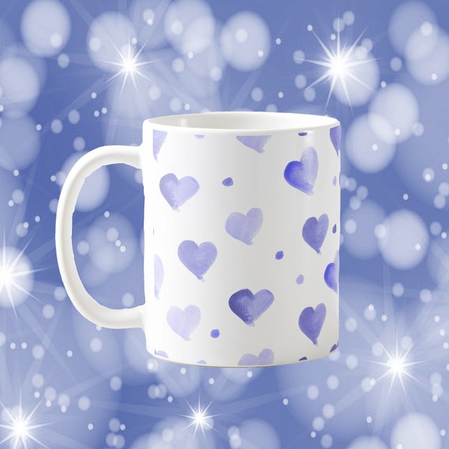 Hearts Watercolor Blue Pattern Coffee Mug (A mug with a pattern of blue watercolor hearts)