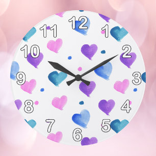 Hearts Watercolor Dots Pink Blue Purple Large Clock