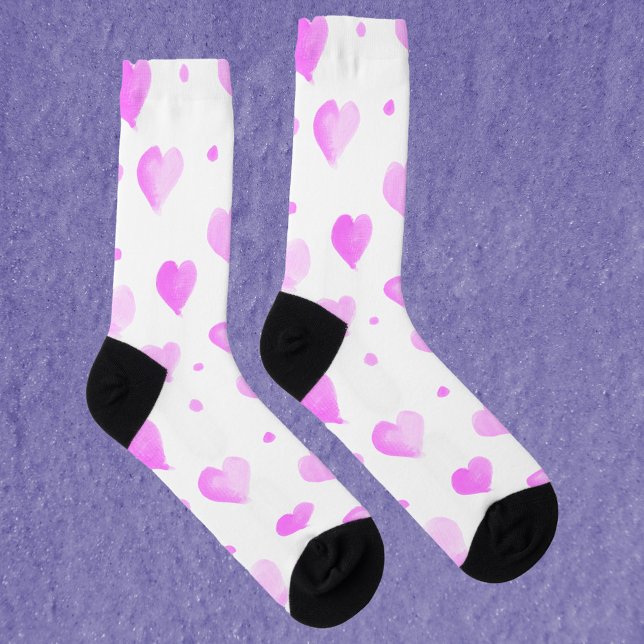 Hearts Watercolor Dots Pink Pattern Socks (A pair of socks with a pink watercolor heart pattern with polka dots.)