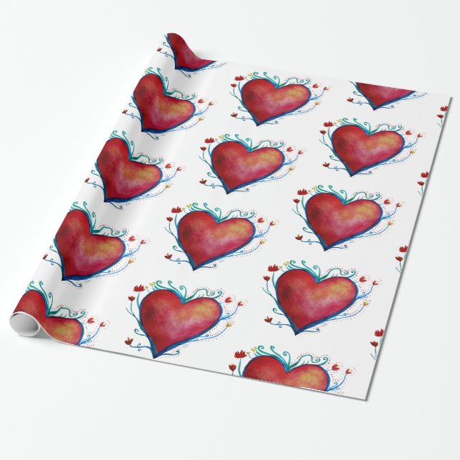 Hearts Watercolor Love Wrapping Paper (Unrolled)