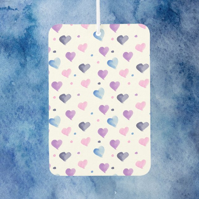 Hearts Watercolor Pattern Blue Pink Purple Air Freshener (An air freshener with a pattern of pink, blue and purple watercolor hearts & dots)