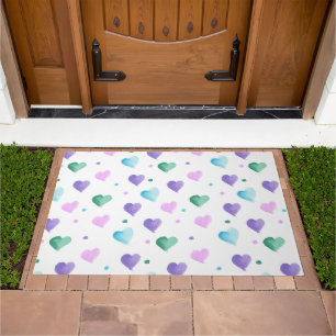 Hearts Watercolor Pattern Green Blue Pink Purple Doormat