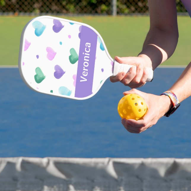 Hearts Watercolor Pattern Personalize Purple Pickleball Paddle (Insitu)