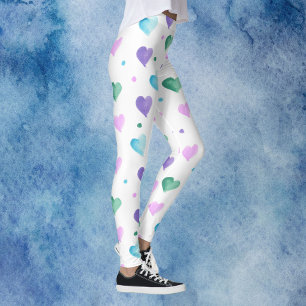 Hearts Watercolor Pattern Pink Blue Purple Green Leggings