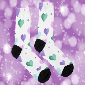 Hearts Watercolor Pattern Pink Green Blue Purple Socks