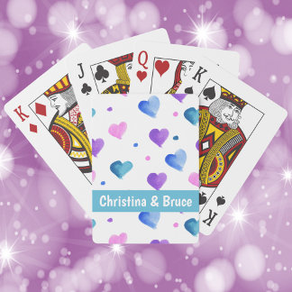 Hearts Watercolor Personalize Pink Blue Blue Poker Cards