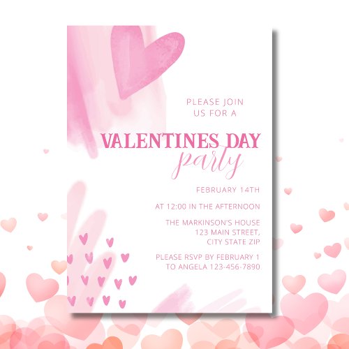 Hearts Watercolor Pink Valentines Day Party Invitation