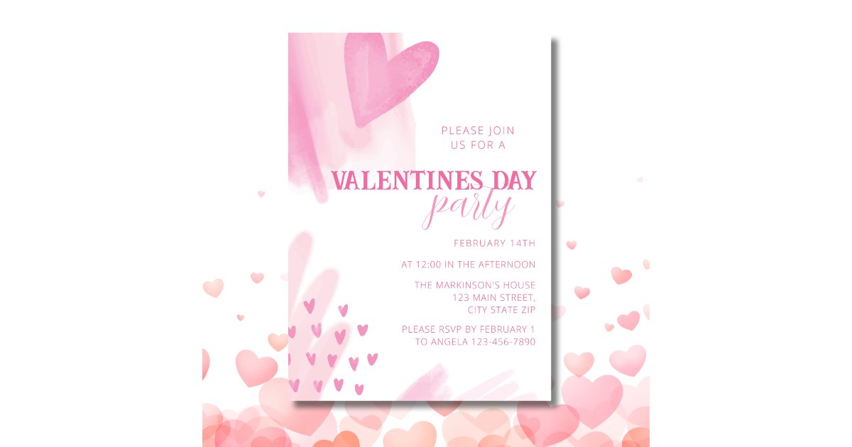 Hearts Watercolor Pink Valentines Day Party Invitation | Zazzle