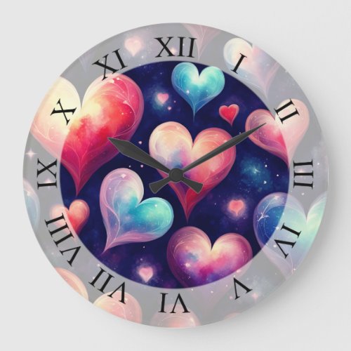 Hearts  Watercolor Valentine  Art  Large Clock
