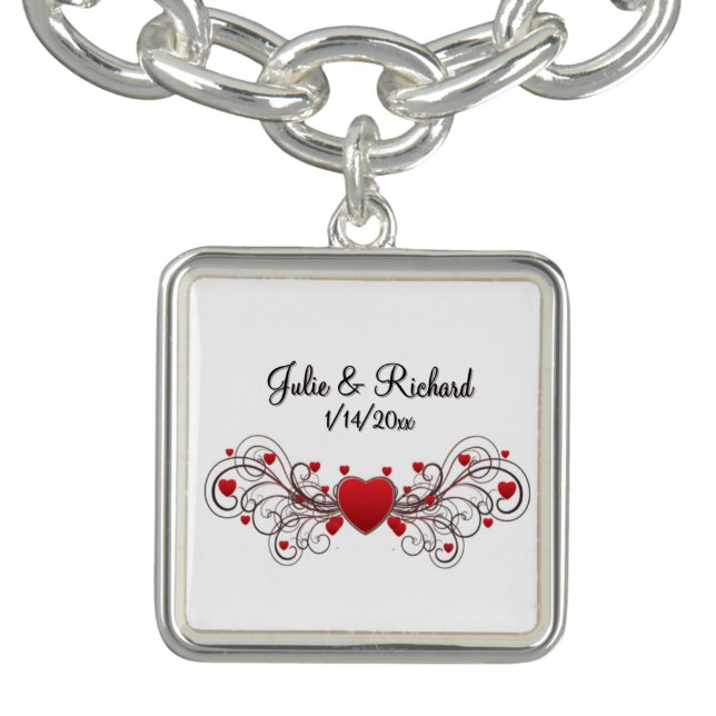 Hearts Wedding Party Gift Custom Names and Date Bracelet (Design)